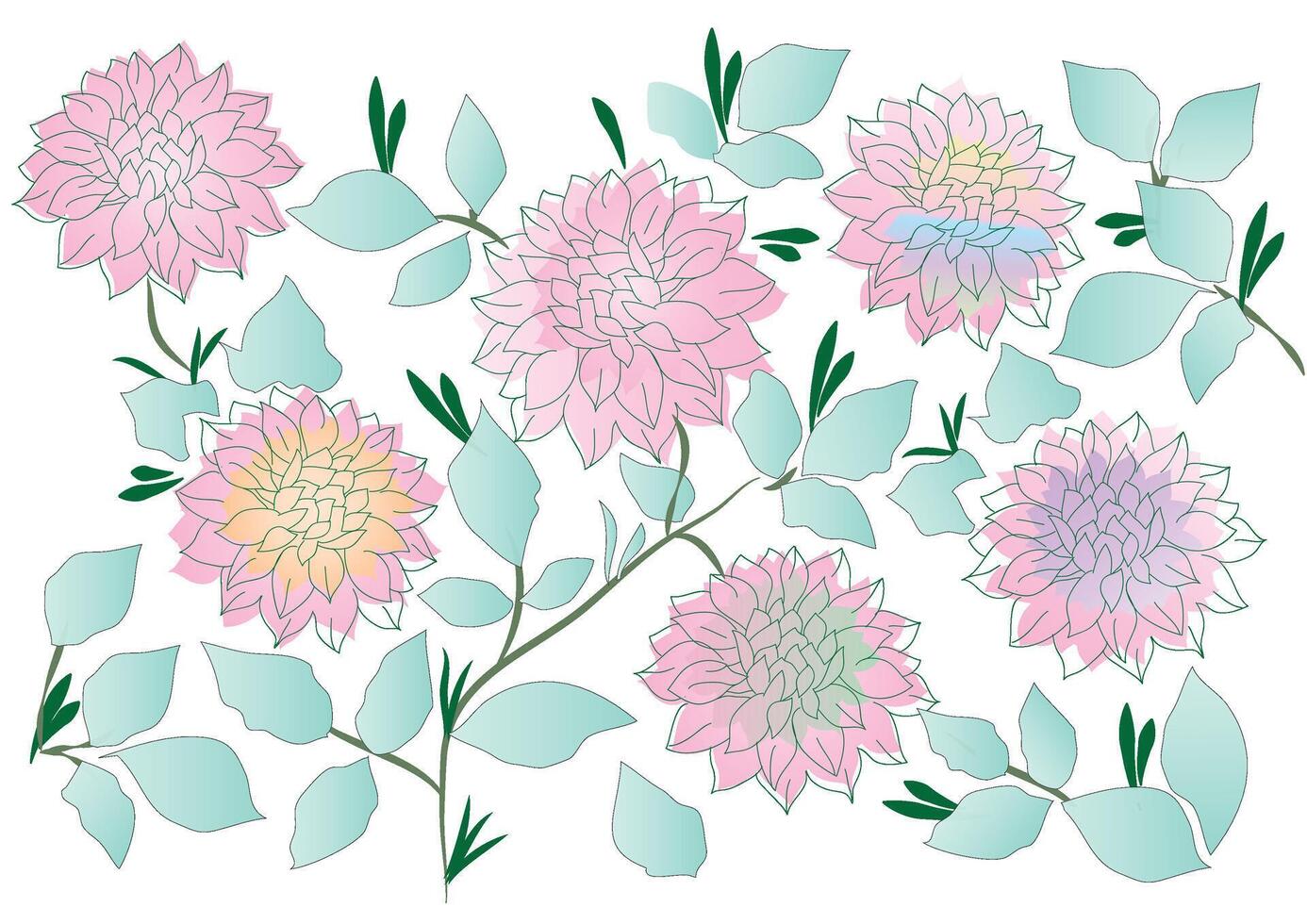 a set of flowers with leaves and stems vector