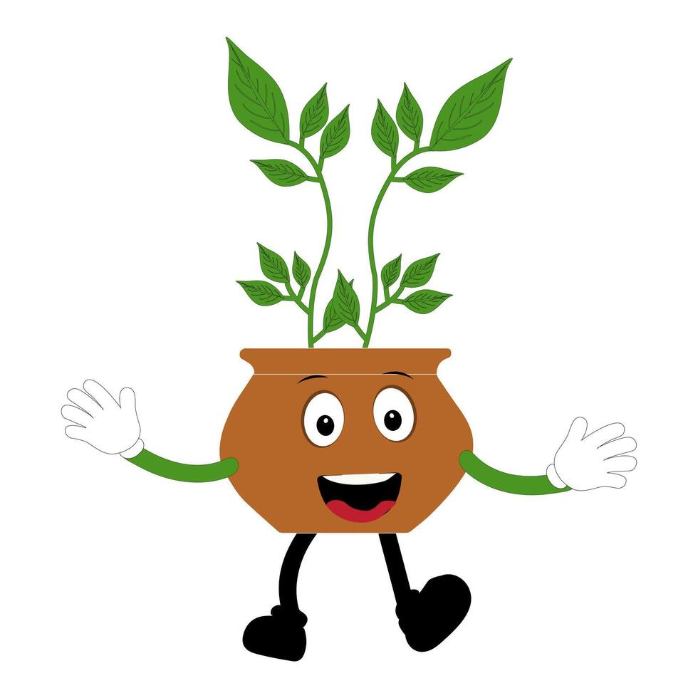 Charming Green Leaf Mascot in Geometric Pot vector