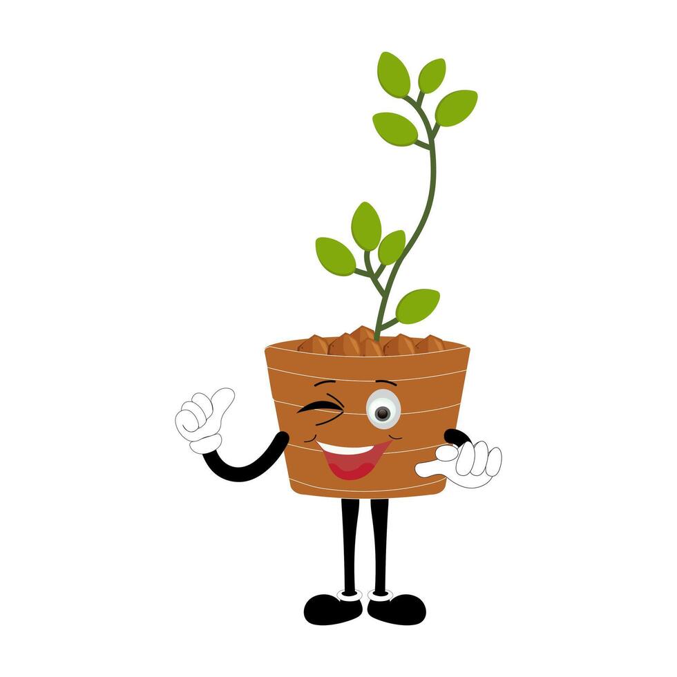 Terracotta Pot Mascot with Lush Green Foliage vector