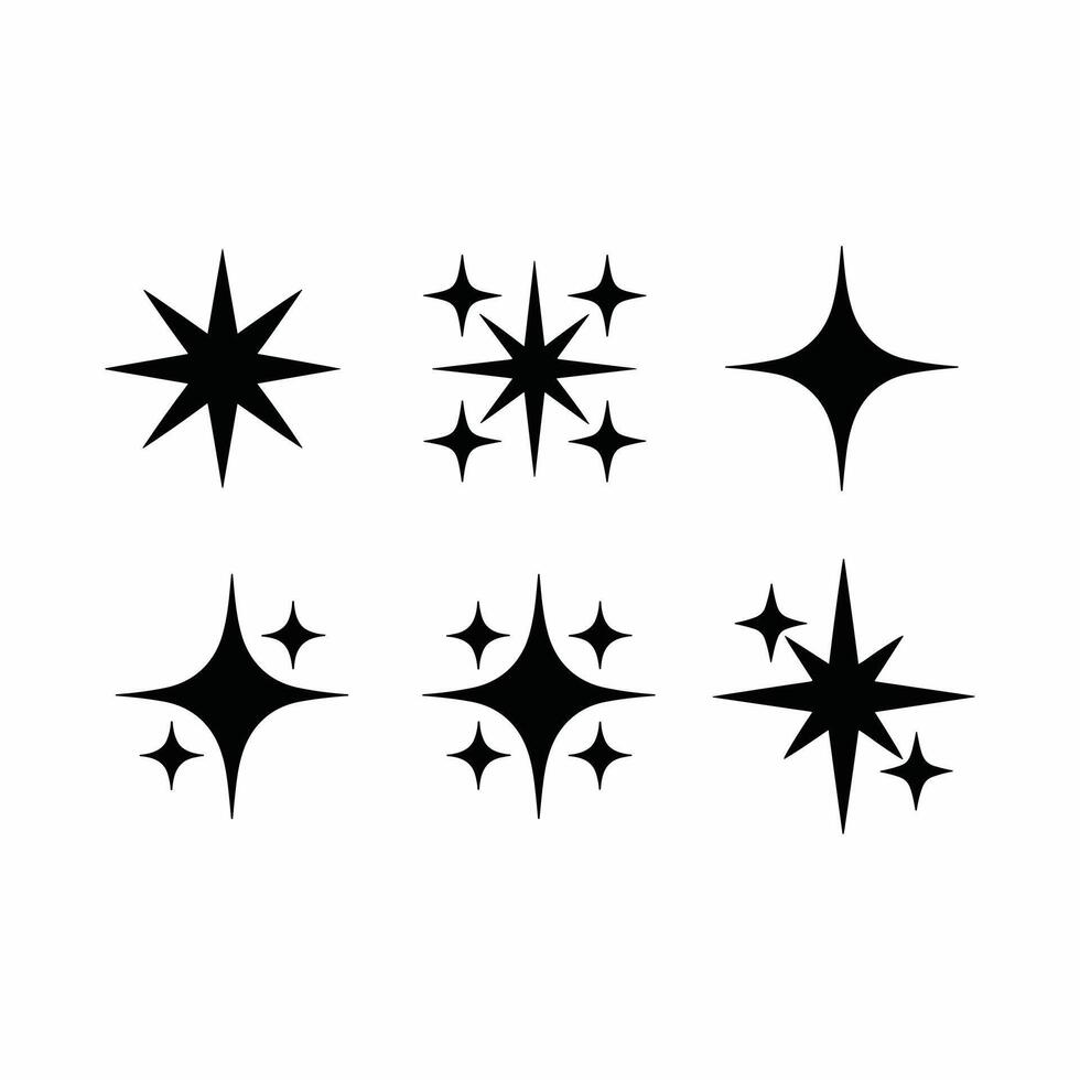 Collection of different sparkling stars icon silhouettes on white background vector