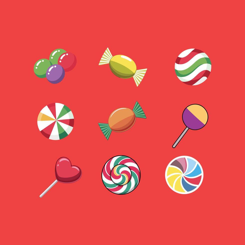 Candies, lollipop, sugar caramel in wrappers, gums. set of sweets, isolated on white background. vector