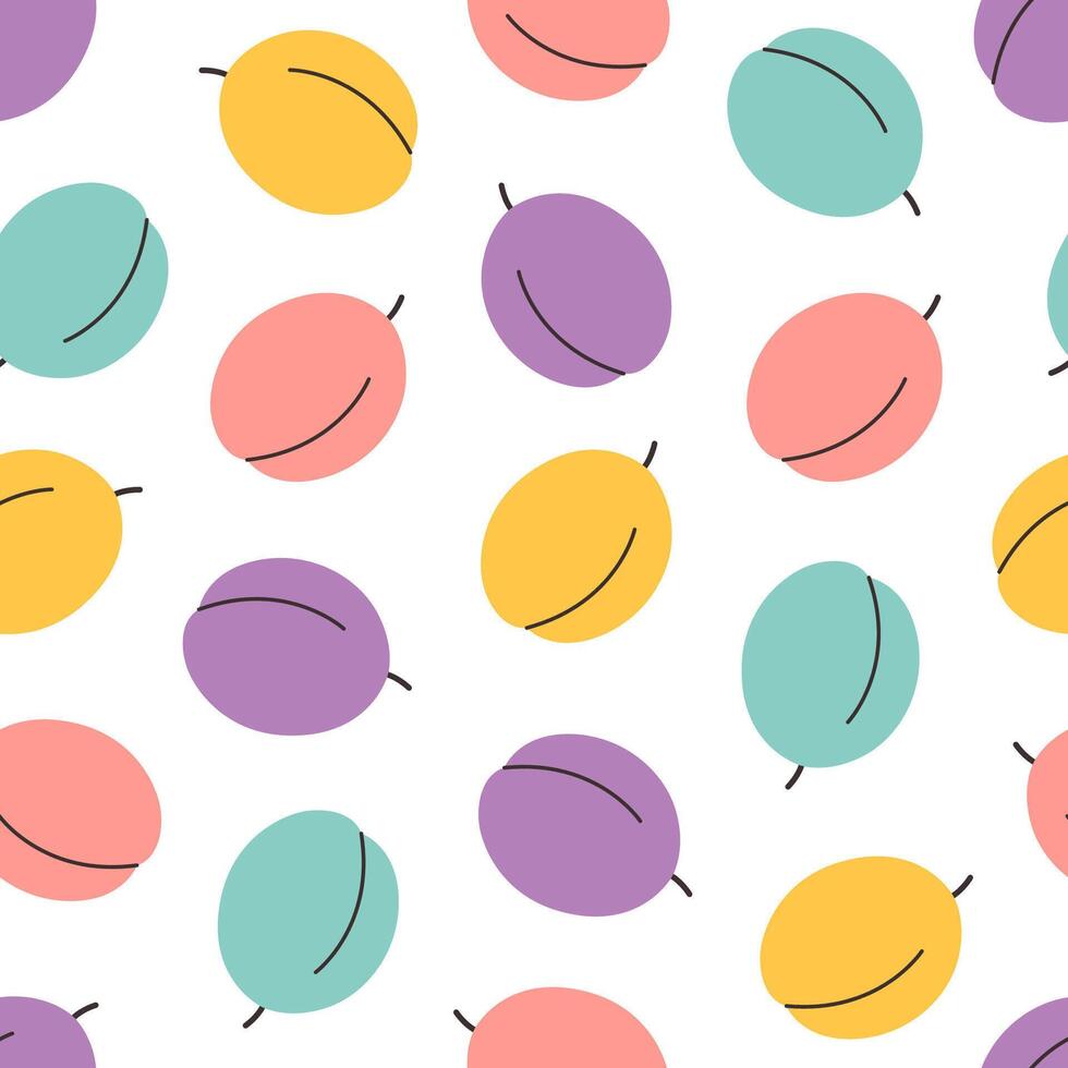Seamless pattern with cute colorful plums. Fruits design for banner, wallpaper, textile, wrapping paper, background, cards. vector