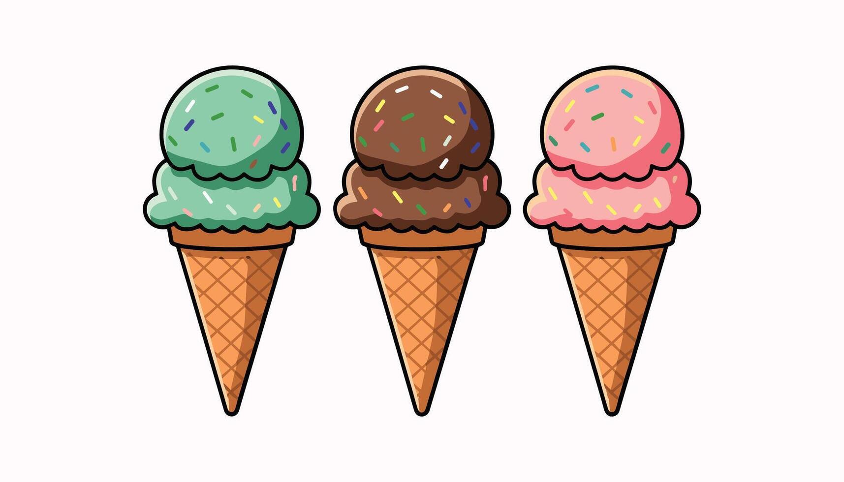 delightful cone filled with three scoops of ice cream topped with colorful sprinkles, evoking sense of joy isolated on white background vector