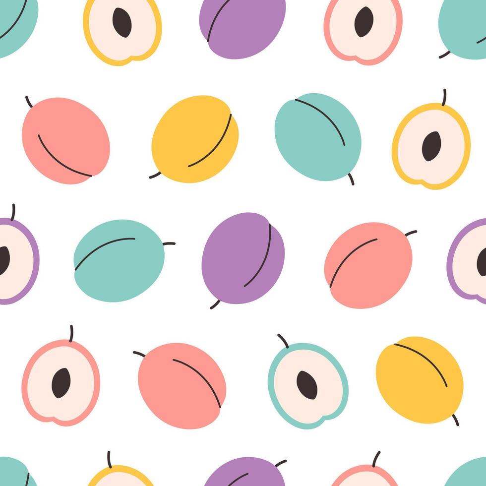 Seamless pattern with cute colorful plums. Design for banner, wallpaper, textile, wrapping paper, background, cards. vector