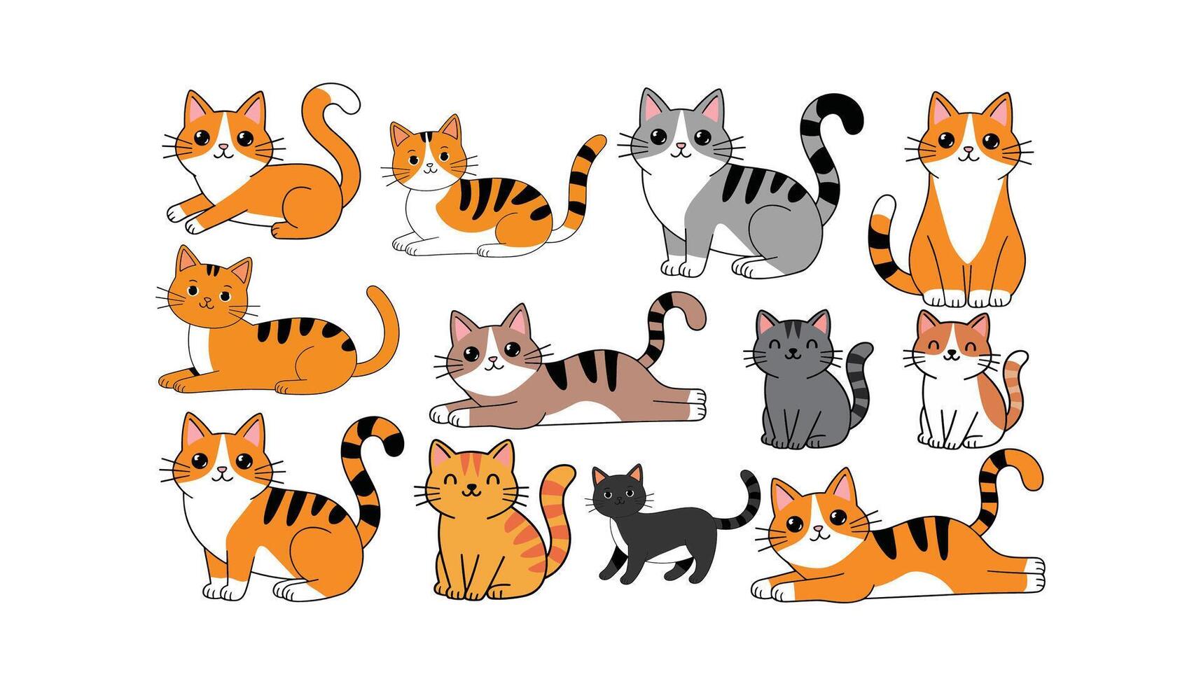 Animal pet cat playful, sleeping and scared. Cat body language set, illustration isolated on white background. vector