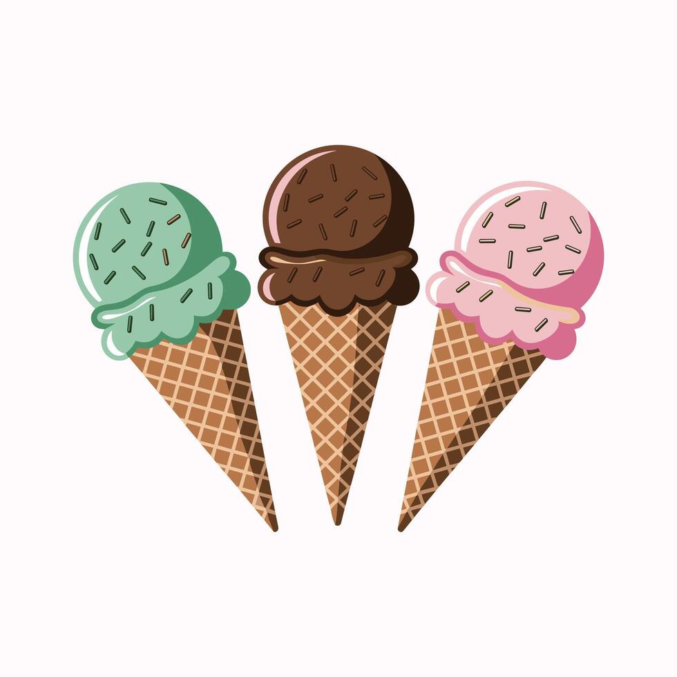 three Ice cream cone with different flavor illustration isolated on white background vector