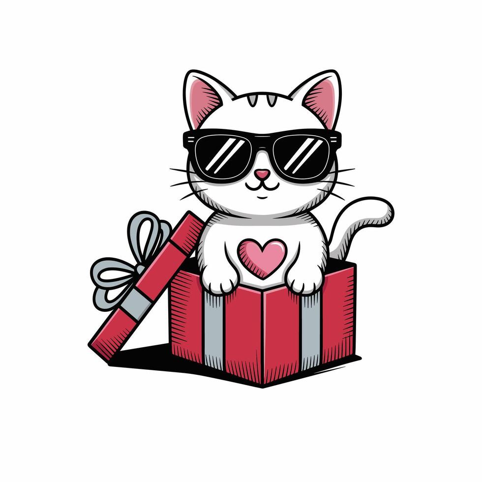 happy cool cute white fluffy fat cat with heart mark wears Sun Glasses stand on a gift box on white background vector