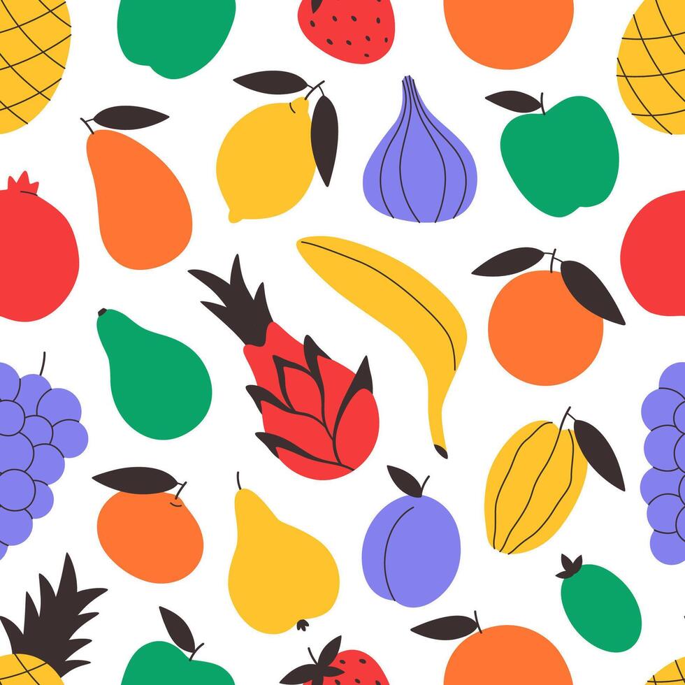 Seamless pattern with cute colorful fruits. Tropical and exotic fruits seamless pattern. Print for banner, wallpaper, textile, wrapping paper, background, cards. vector