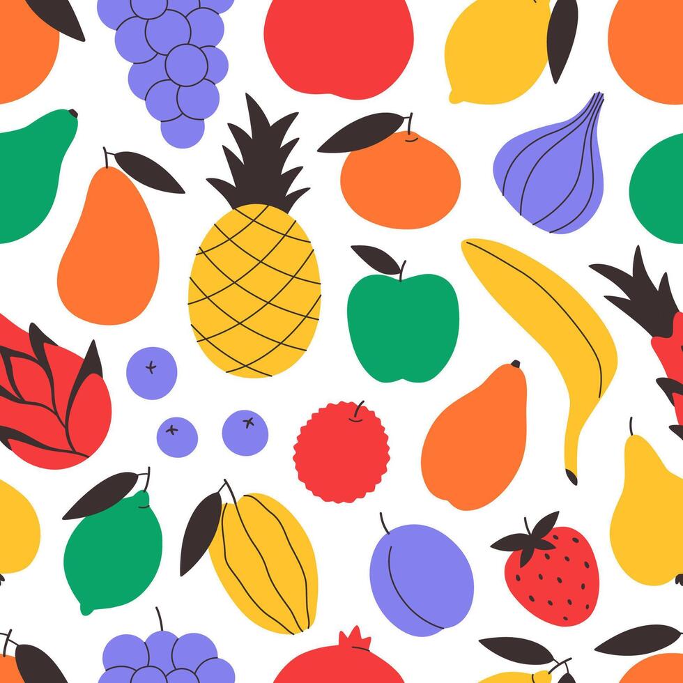 Seamless pattern with cute colorful fruits. Tropical and exotic fruits seamless pattern. Design for banner, wallpaper, textile, wrapping paper, background, cards. vector