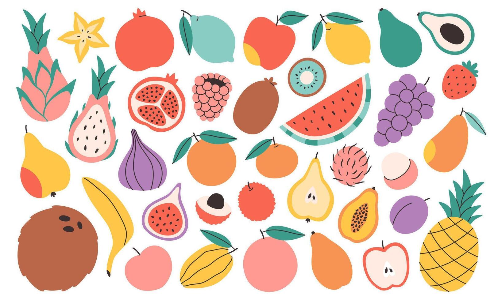 Set of different fruits and berries. Collection of organic vitamins and healthy nutrition. vector
