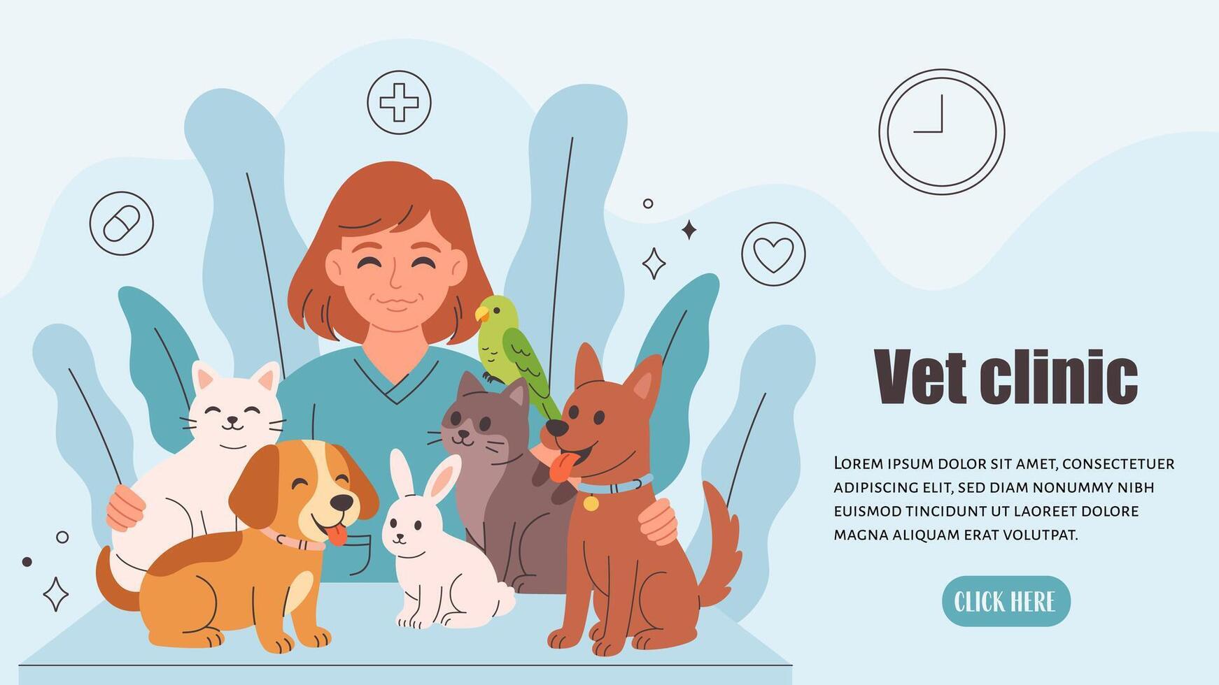 Veterinary doctor with pets. Pets in a veterinary clinic. Veterinarian day. vector