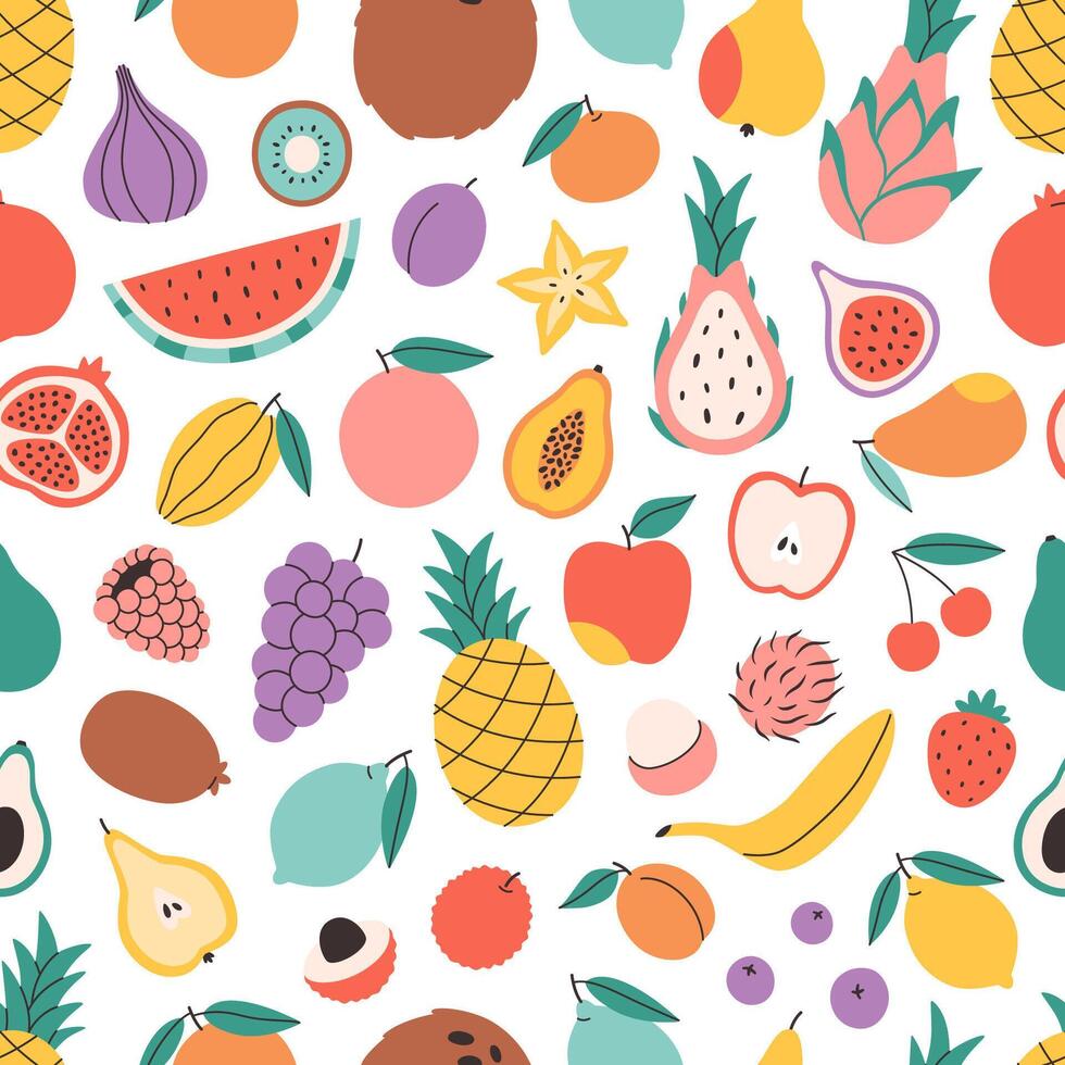 Seamless pattern with cute colorful fruits. Tropical and exotic fruits seamless pattern. Cute print for banner, wallpaper, textile, wrapping paper, background, cards vector