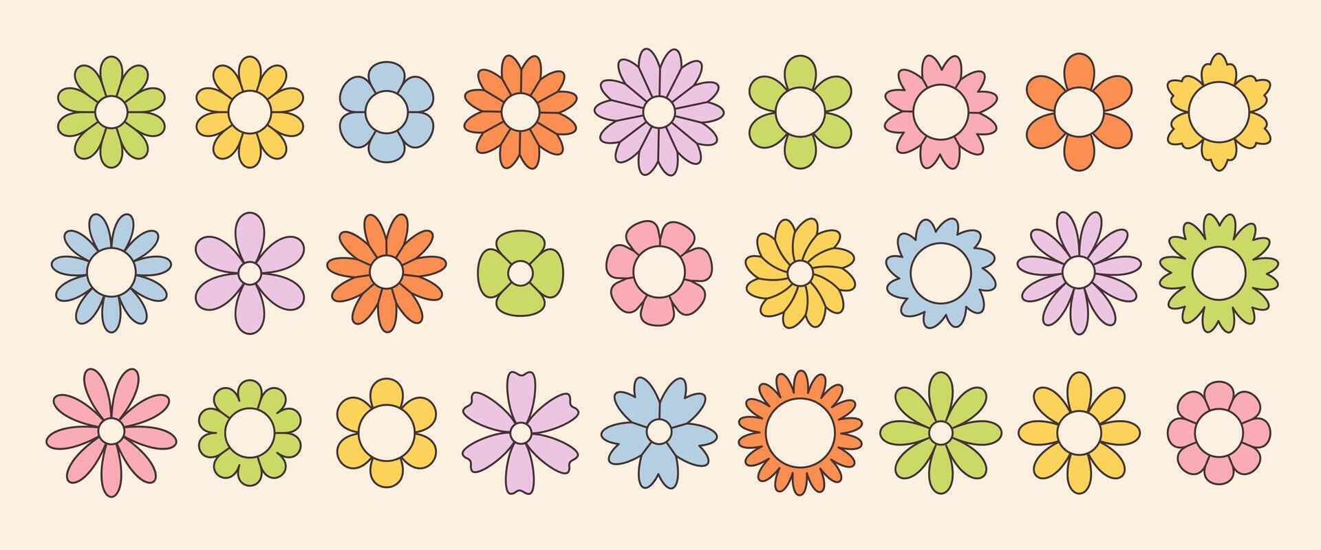 Cute collection of groovy simple flowers. Abstract colorful flowers. Floral geometric design vector