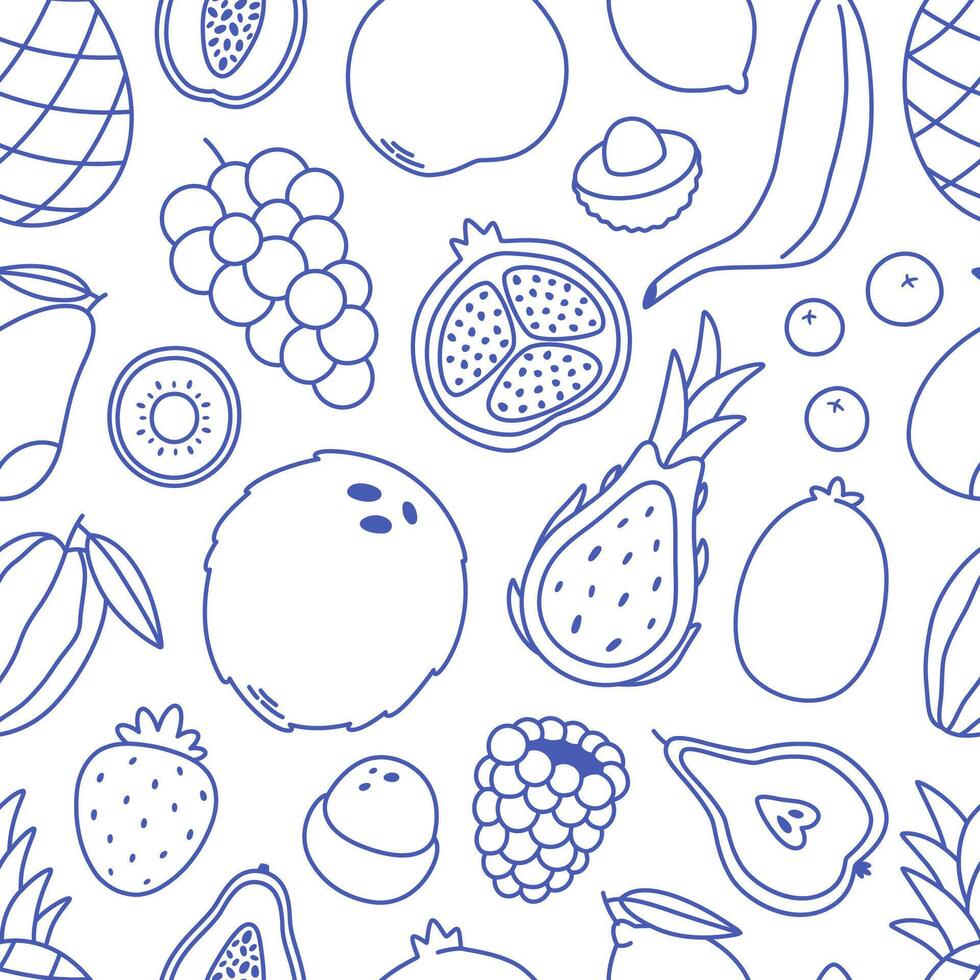Seamless pattern with cute outline fruits and berries. Doodle print for banner, wallpaper, textile, wrapping paper, background vector