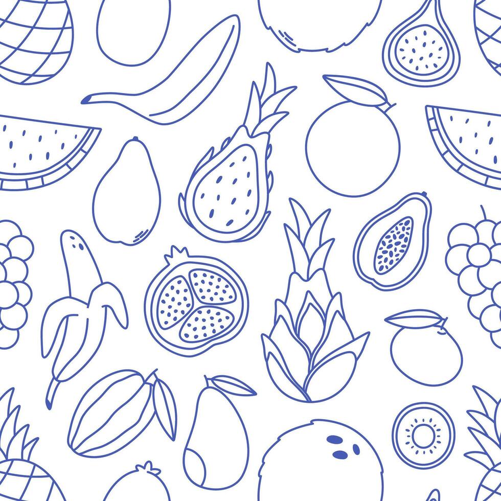 Seamless pattern with cute outline fruits and berries. Doodle print for banner, wallpaper, textile, wrapping paper, background, cards vector