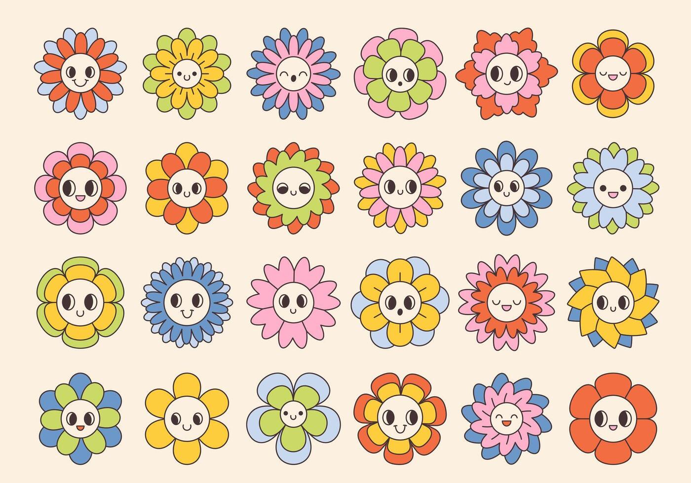 Groovy flower cartoon characters. Funny happy daisy with eyes and smile. Floral geometric design. vector