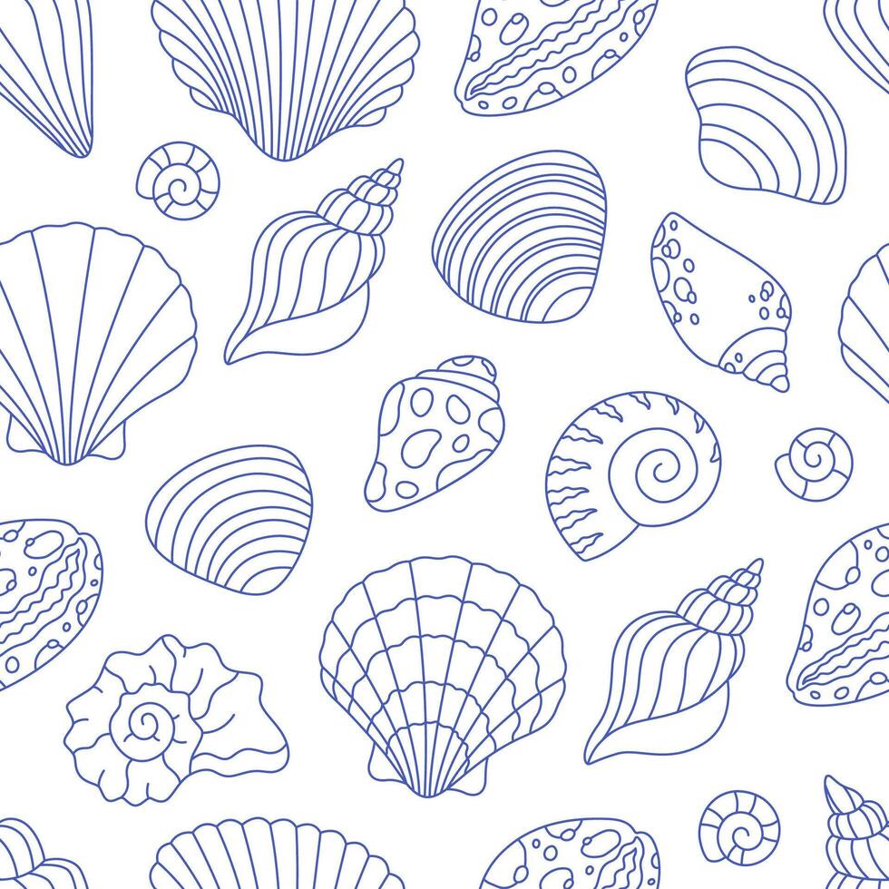 Seamless pattern with cute outline sea shells. Doodle print for banner, wallpaper, textile, wrapping paper, background vector