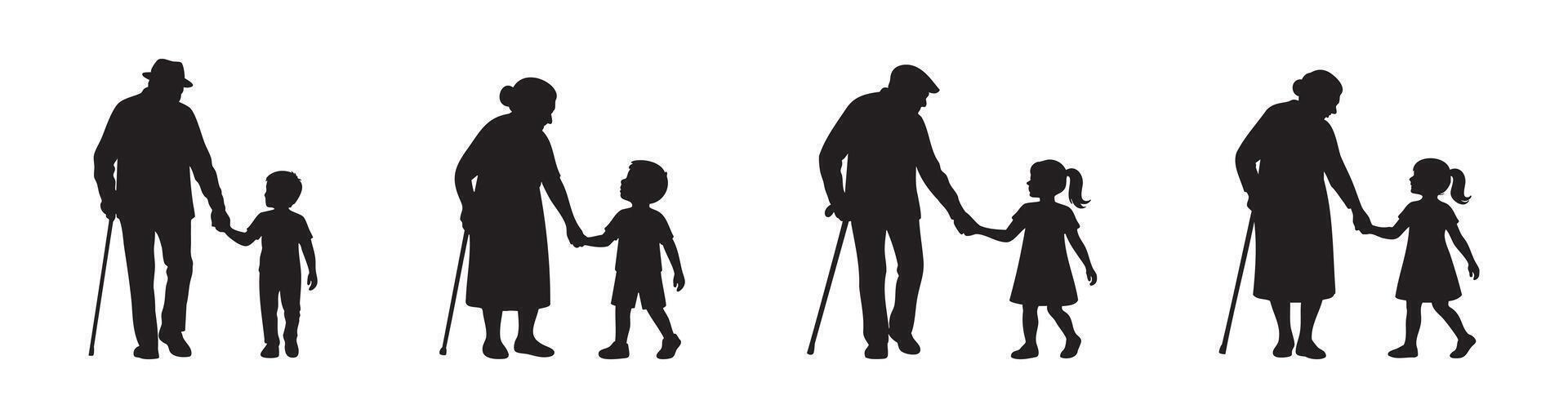 Set of black silhouette icons of grandparents walking hand in hand with grandchildren isolated on white background. Concept of family generations, childhood, elderly adults walking with children vector