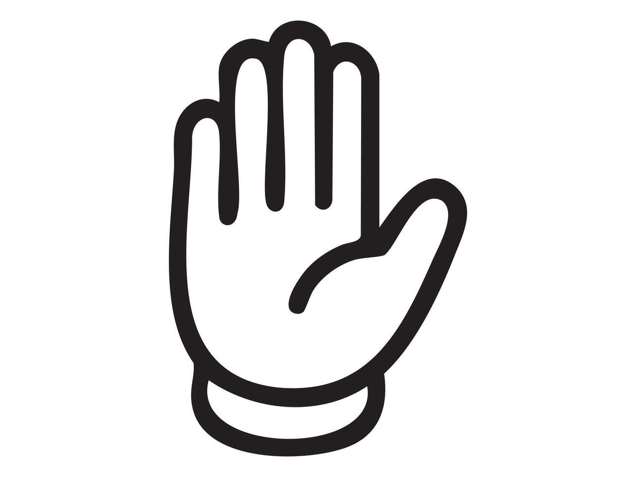 Black outline raised open hand gesture icon isolated on white background. Concept of stop signal, greeting gesture, attention request, peaceful symbol, human communication, illustration vector