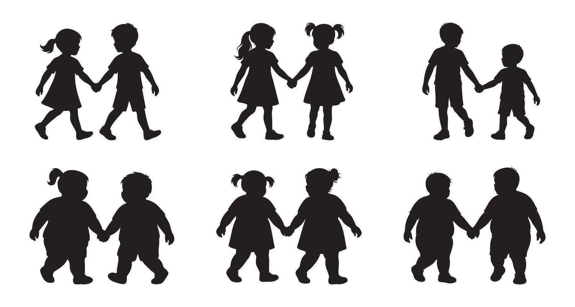 Set of Silhouette of children walking in pairs, isolated on white background, graphic illustration. concept of childhood, friendship, boys, girls, social, playful interaction, icon, design element vector