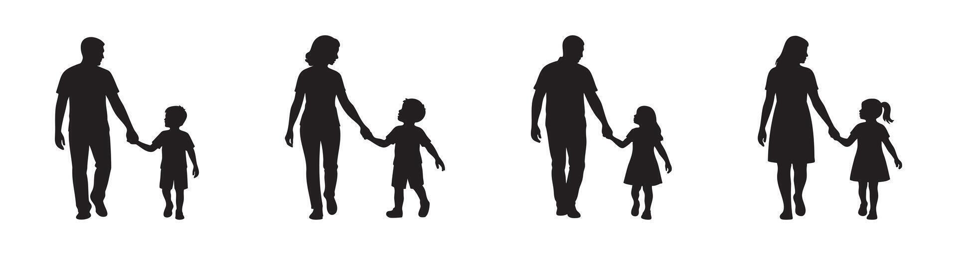 Set of black silhouette icons of parents walking hand in hand with children isolated on white background. Concept of parenthood, family care, child safety, adults walking together with kids vector