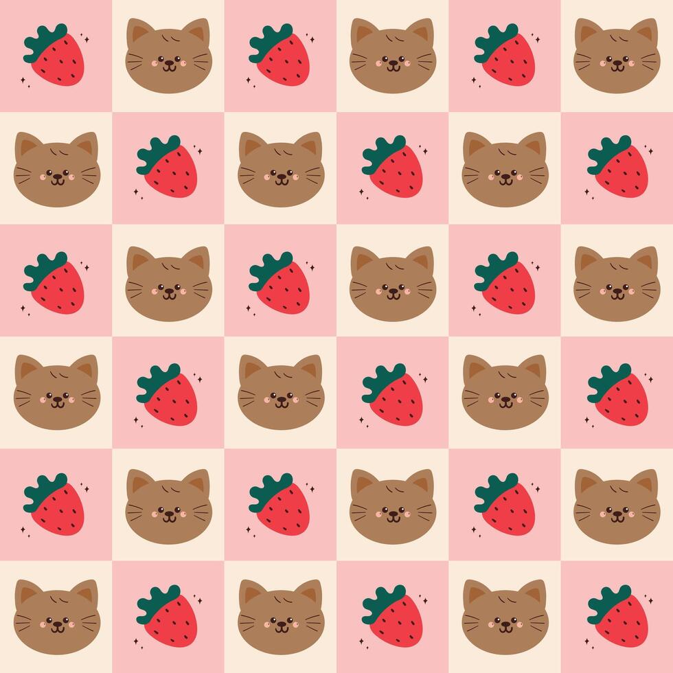 cute drawing cartoon cat and strawberry seamless pattern in patchwork style vector