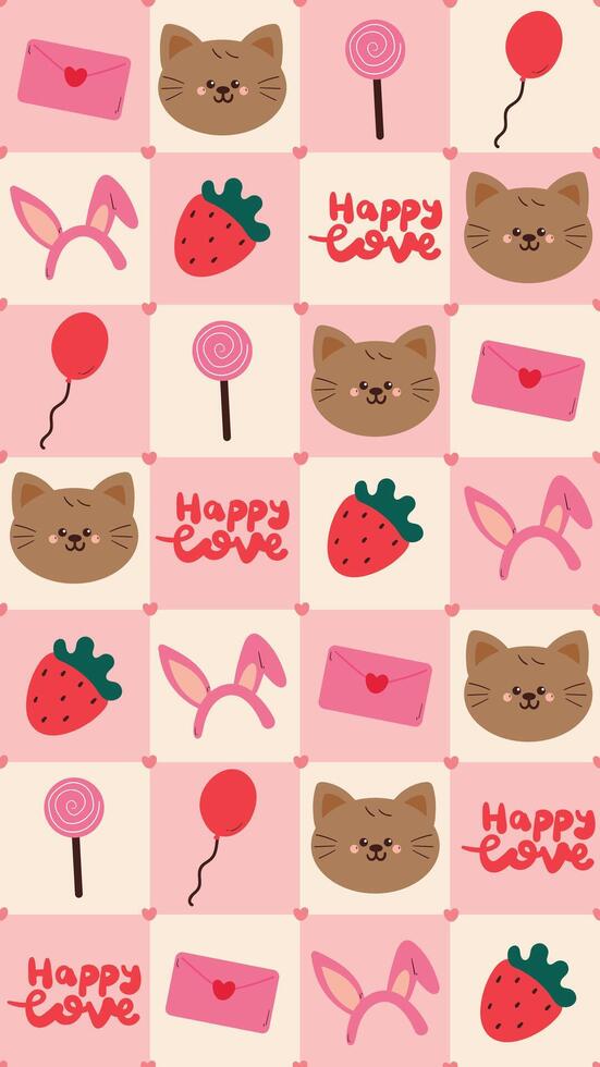 seamless pattern cute cartoon cat with cute valentine stuffs in pink patchwork style. cute drawing for phone wallpaper and background vector