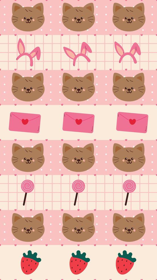 cute drawing cartoon cat and strawberry seamless pattern in stripe pattern design. cute illustration for phone wallpaper and background vector