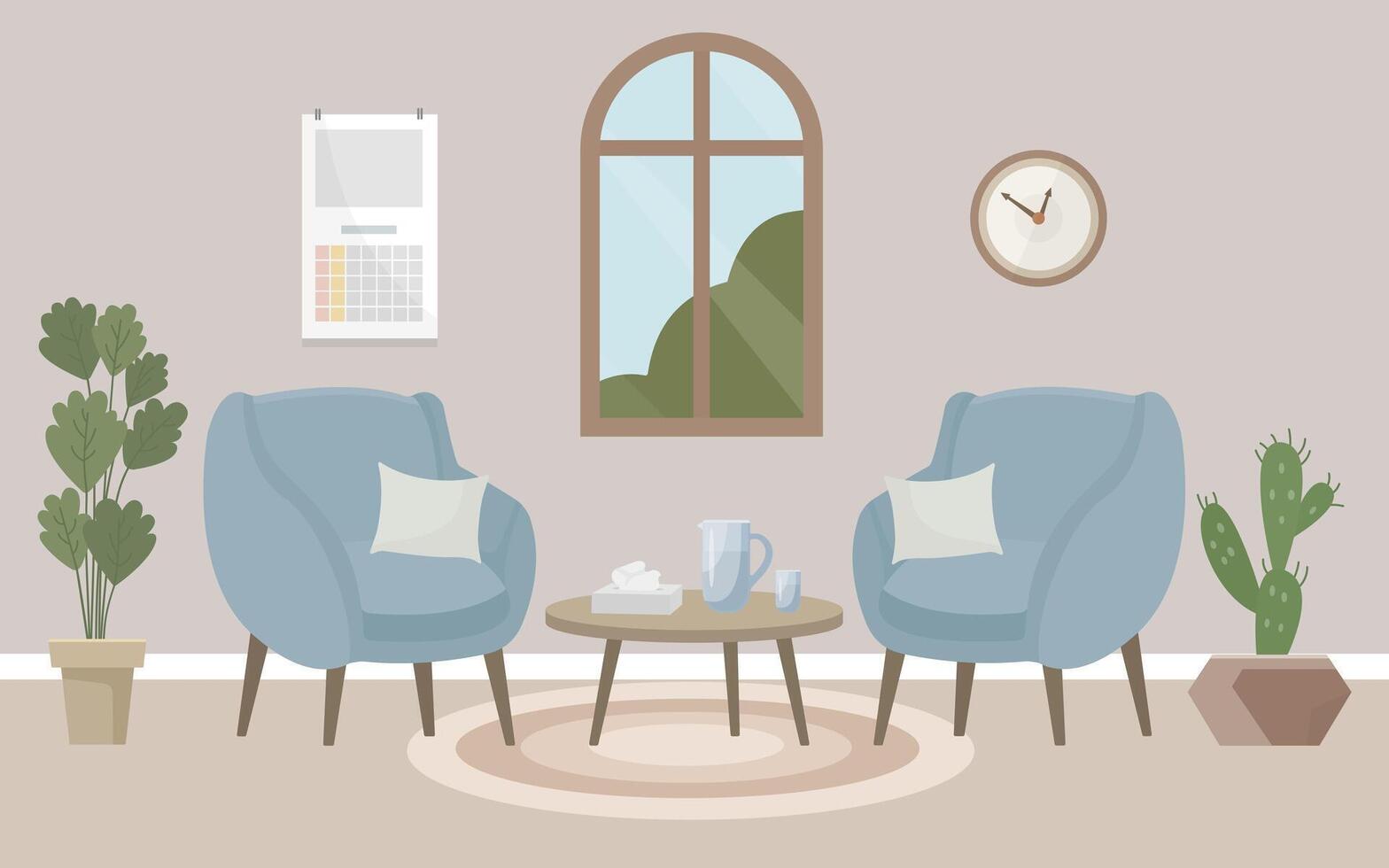 A psychologist's office, a cozy room with two armchairs, a window, paper napkins and potted plants. Interior concept. Flat illustration. vector