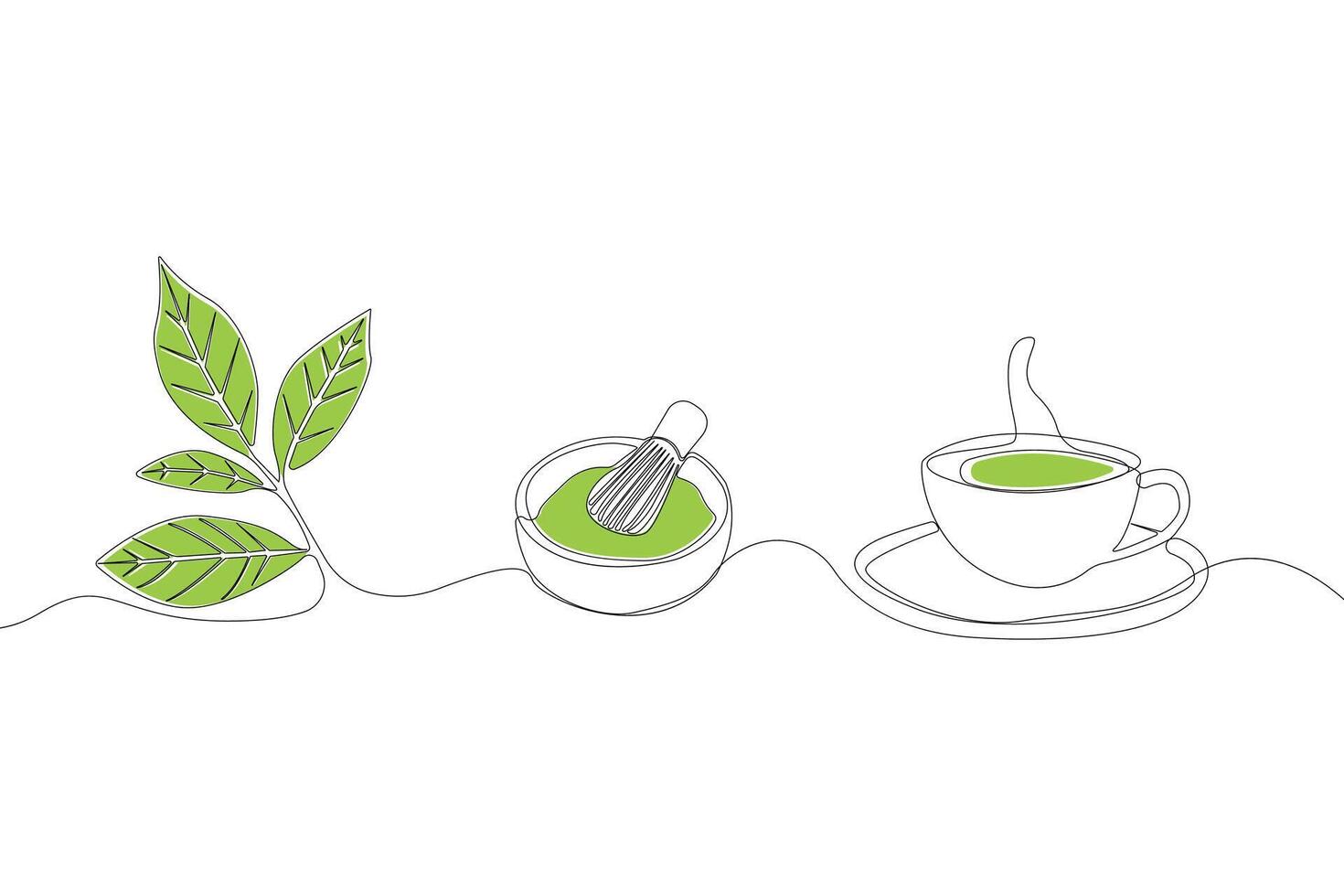 Hand-drawn matcha tea ingredients concept line art drawing. Matcha tea concept line art icon vector