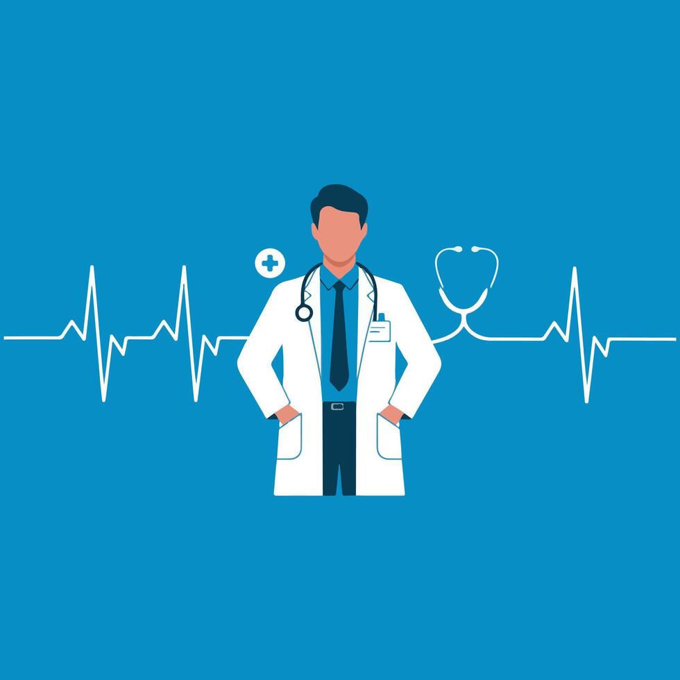 Doctor with stethoscope and heartbeat line illustration. vector