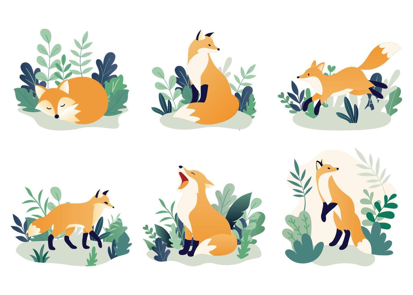 Set of Cute Fox in Forest Scene, Flat Animal Cartoon Design vector