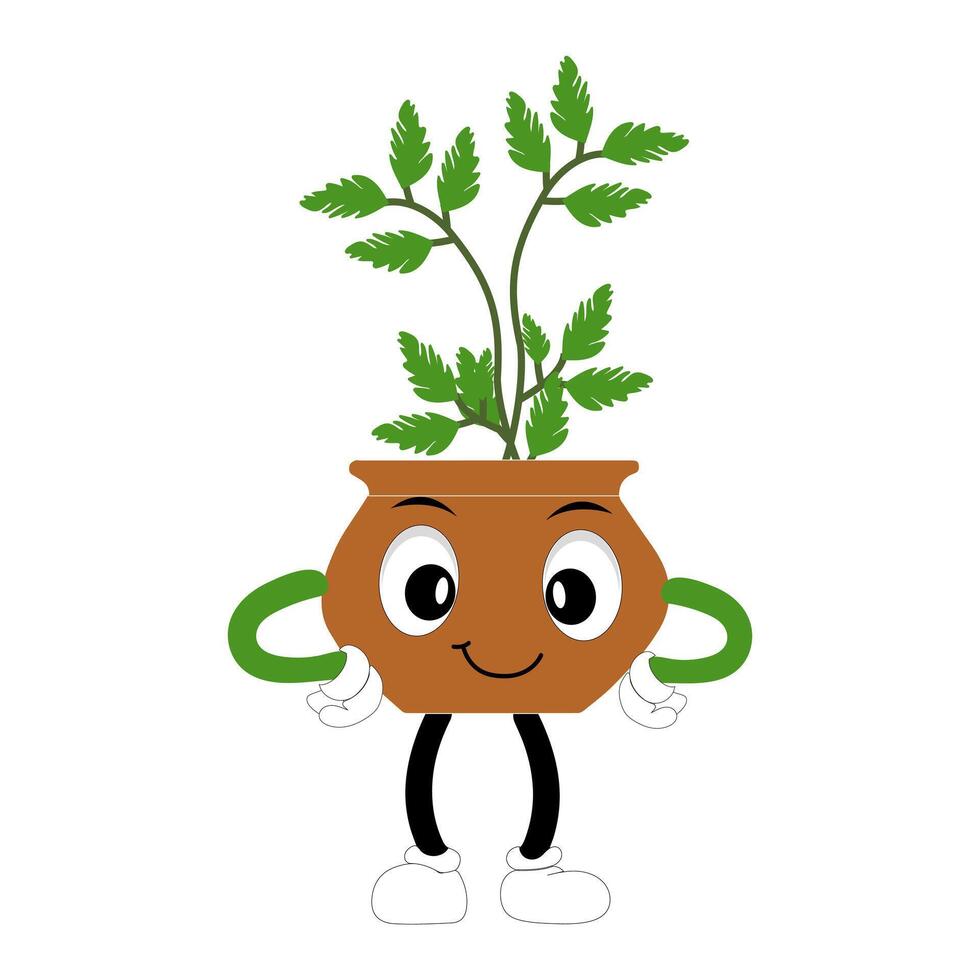 Cute animated potted plant character waving happily vector