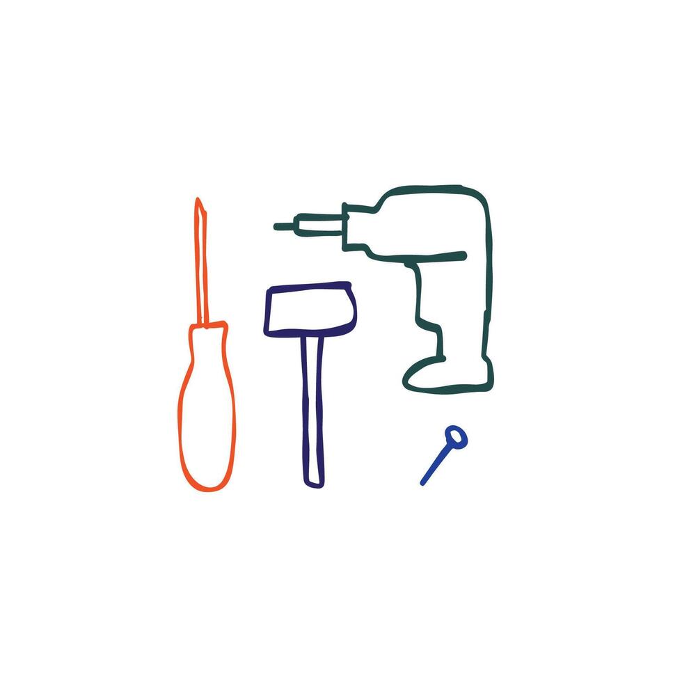 Simple line art of screwdriver, hammer, drill, and nail on white background vector