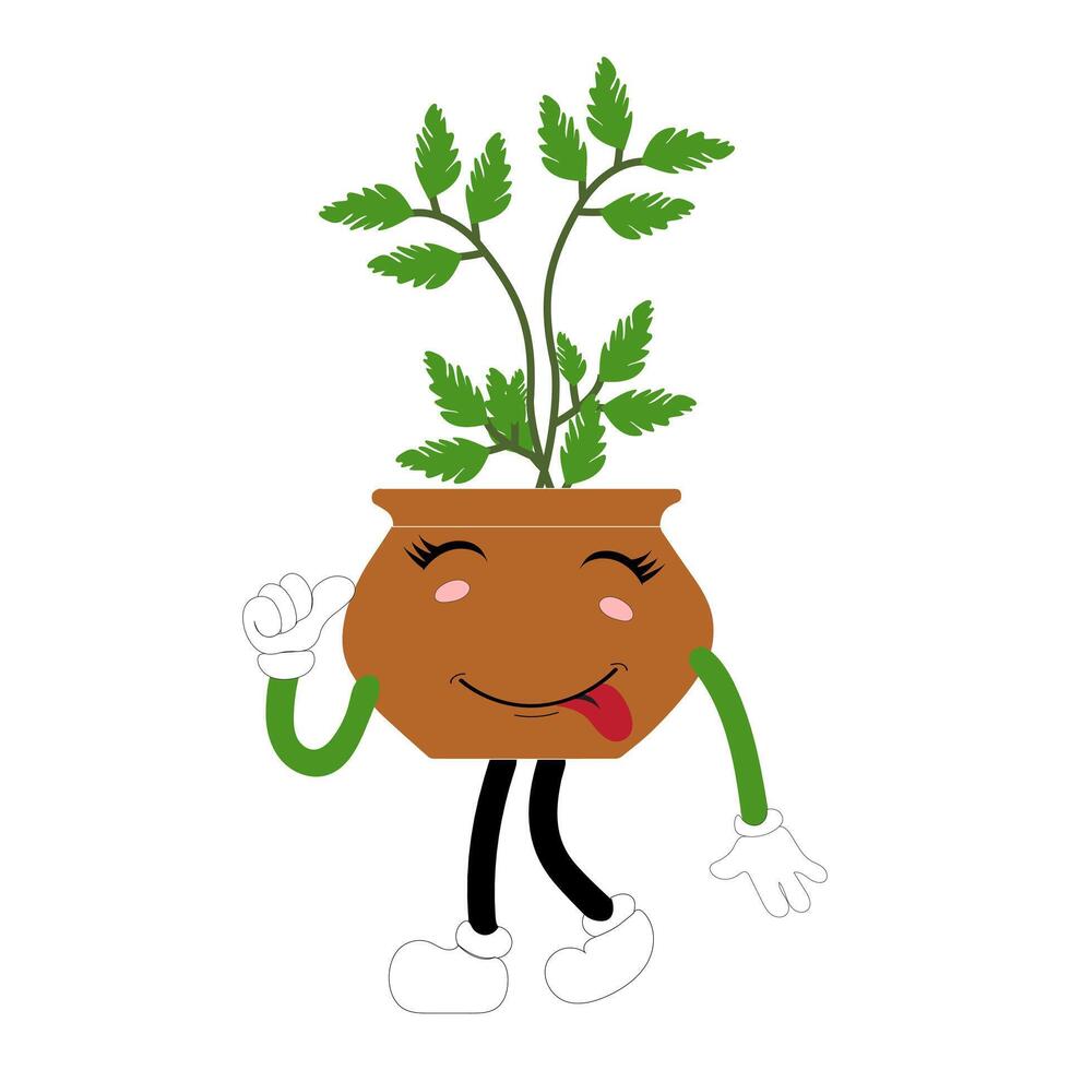 Playful green plant in pot with funny facial expression vector