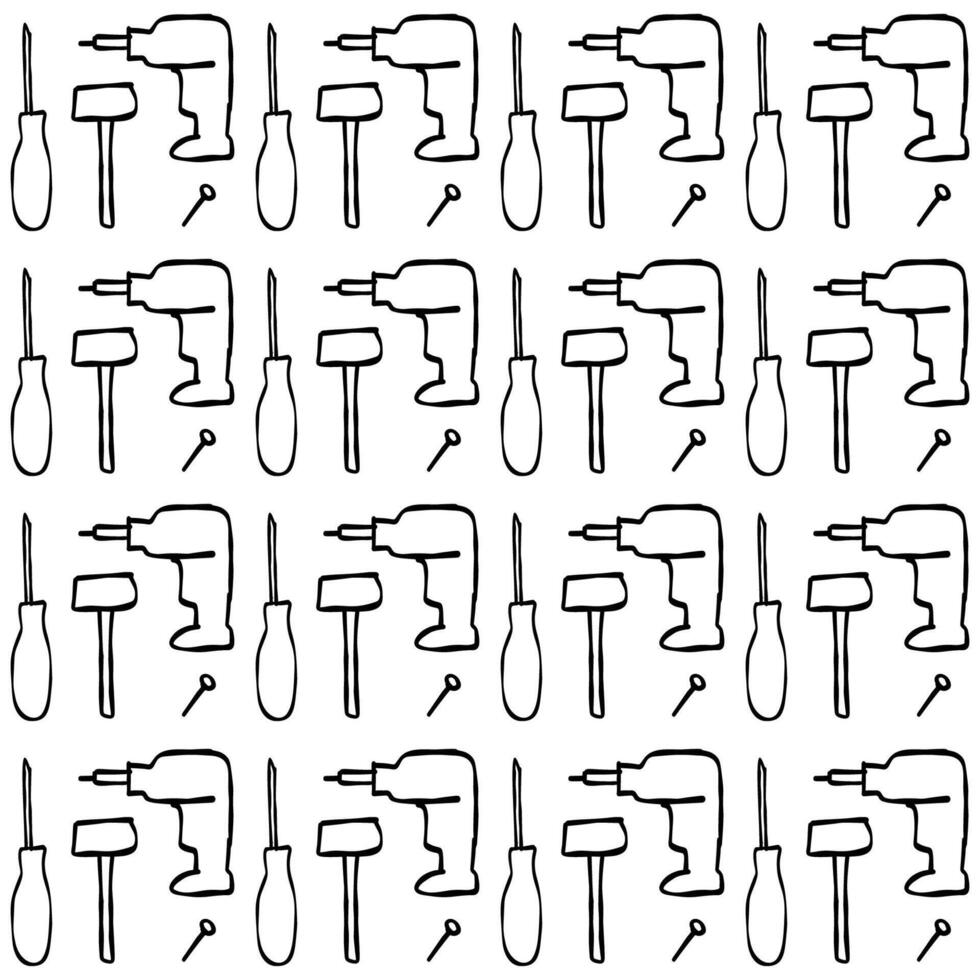 Seamless pattern of hand tools featuring drills and screwdrivers vector