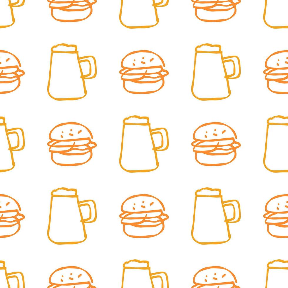 Seamless pattern of iconic burgers and beer mugs for food and beverage themes vector