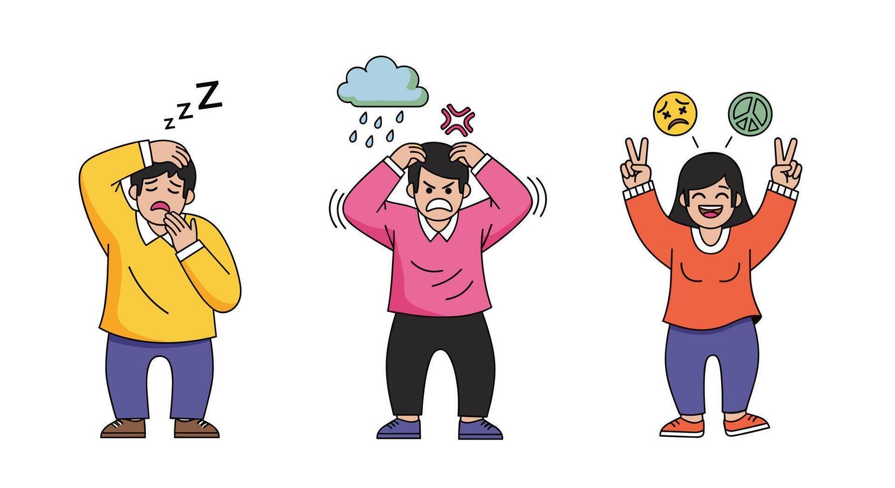Depiction of Emotional States and Coping Mechanisms for Stress and Anxiety Relief vector