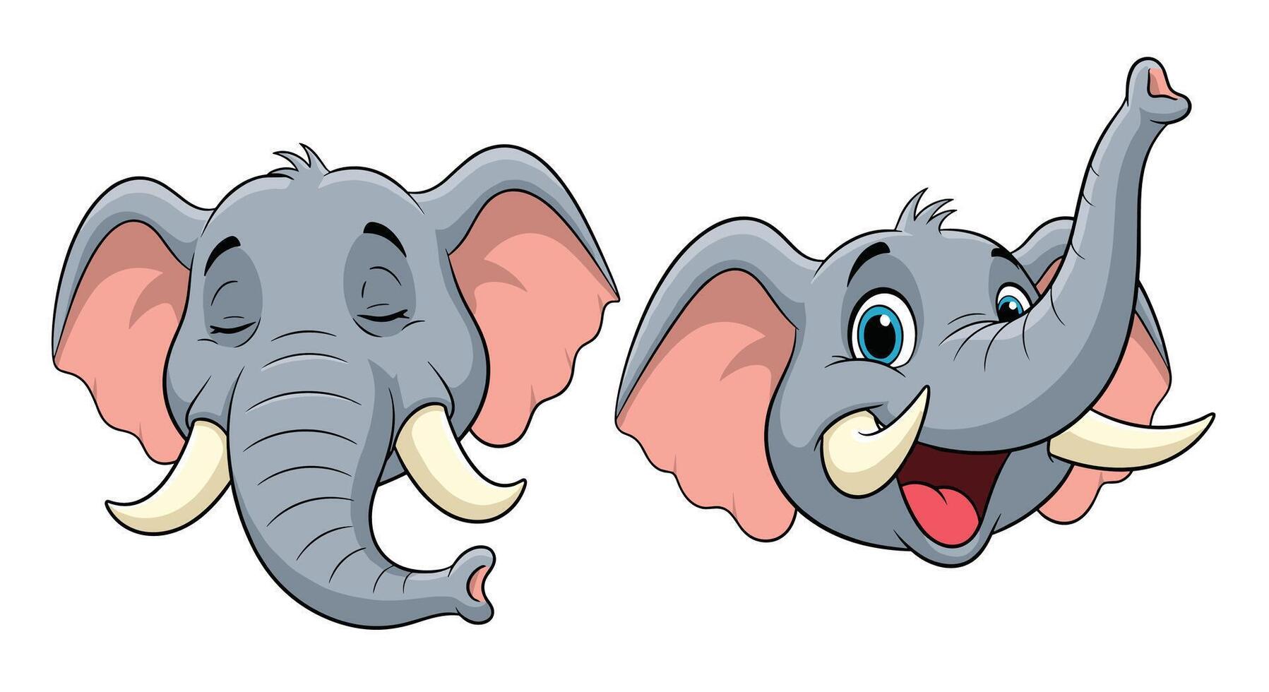 Two Elephant Heads Showing Different Emotions One Relaxed and One Happy and Excited vector