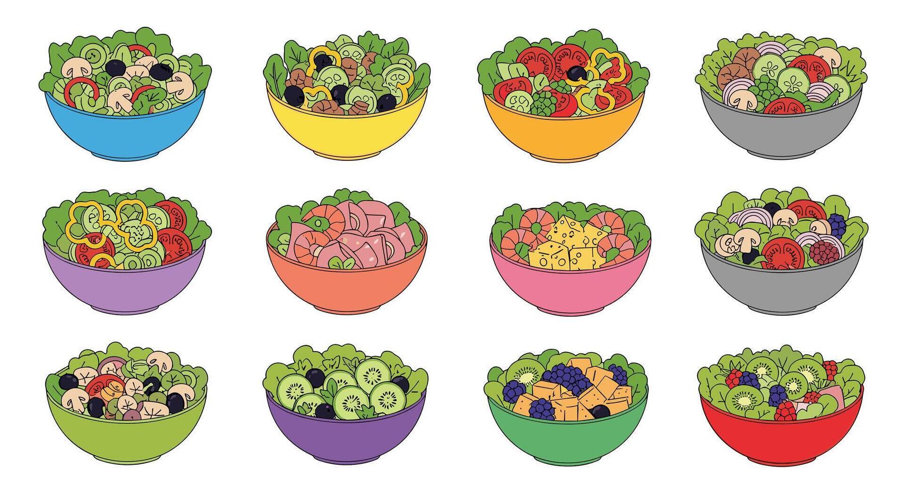 A Vibrant Array of Colorful Bowls with Fresh Salads Health and Delicious Choices vector