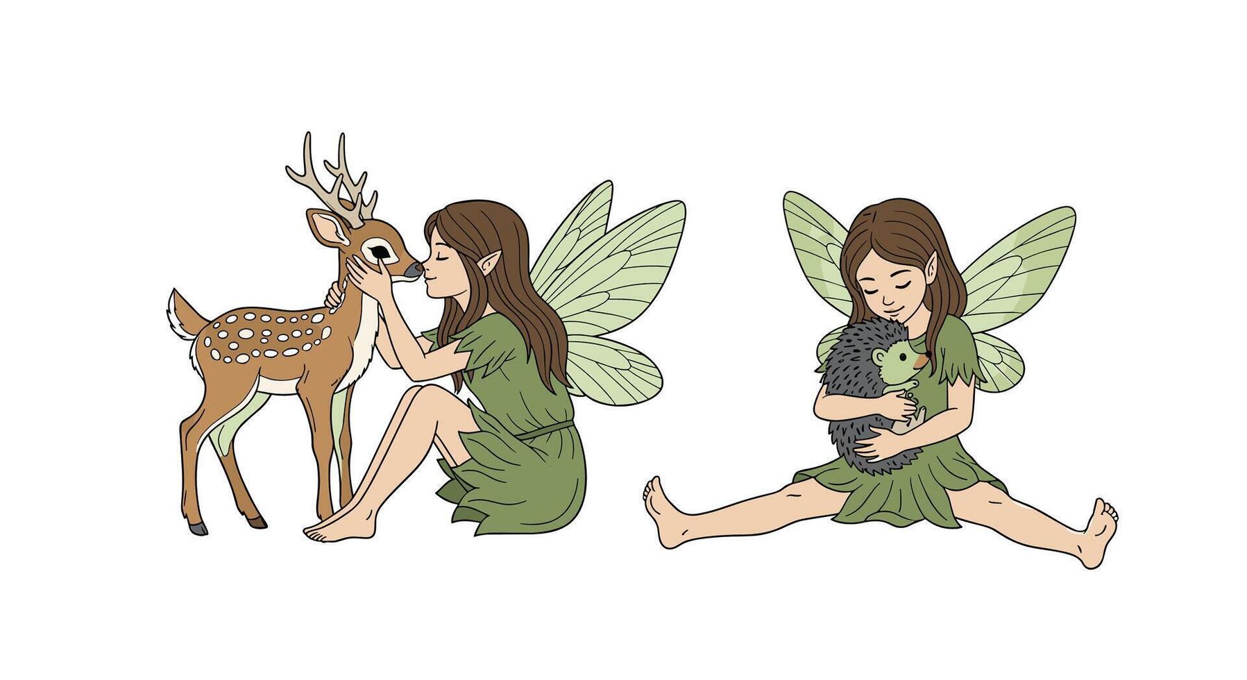 Enchanting Forest Fairies Tenderly Care for Gentle Creatures in the Heart of the Woods vector