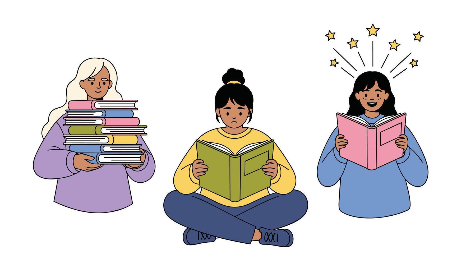 The Joy of Reading Books Three Women Discovering Knowledge Education and Personal Growth vector