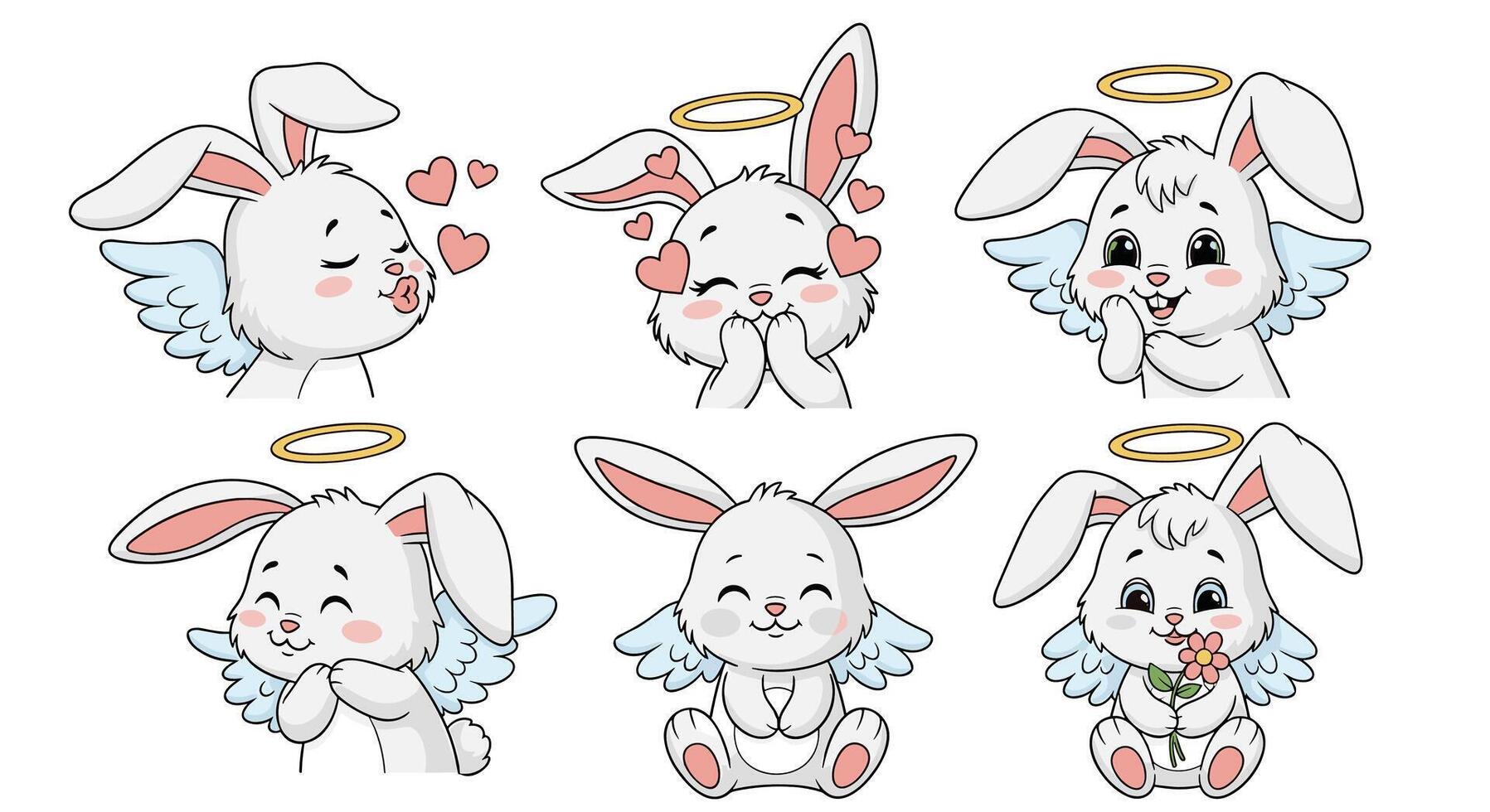 Cute Bunny Angels in Various Poses Adorable Winged Rabbits with Halos Posing vector