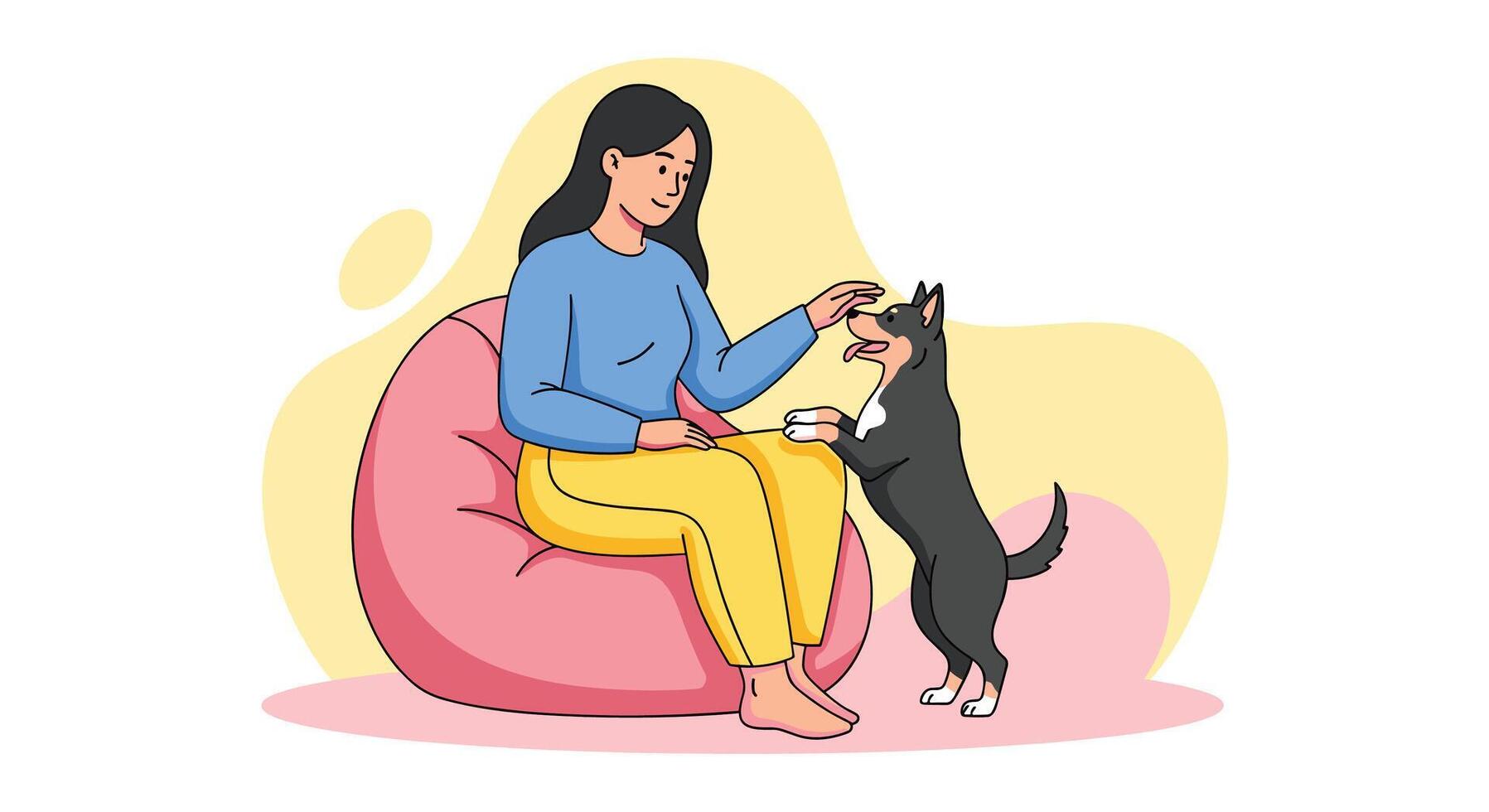 Cozy Time A Woman and Her Dog Relaxing Together on a Beanbag vector