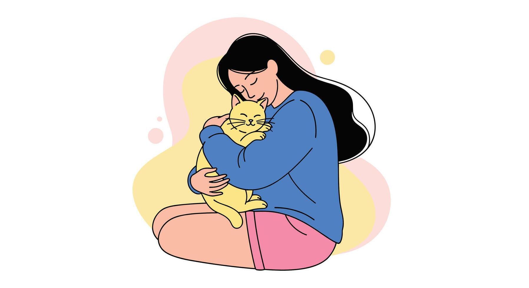 The Girl Hugging Her Cat and Enjoying the Moment of Affection and Love vector