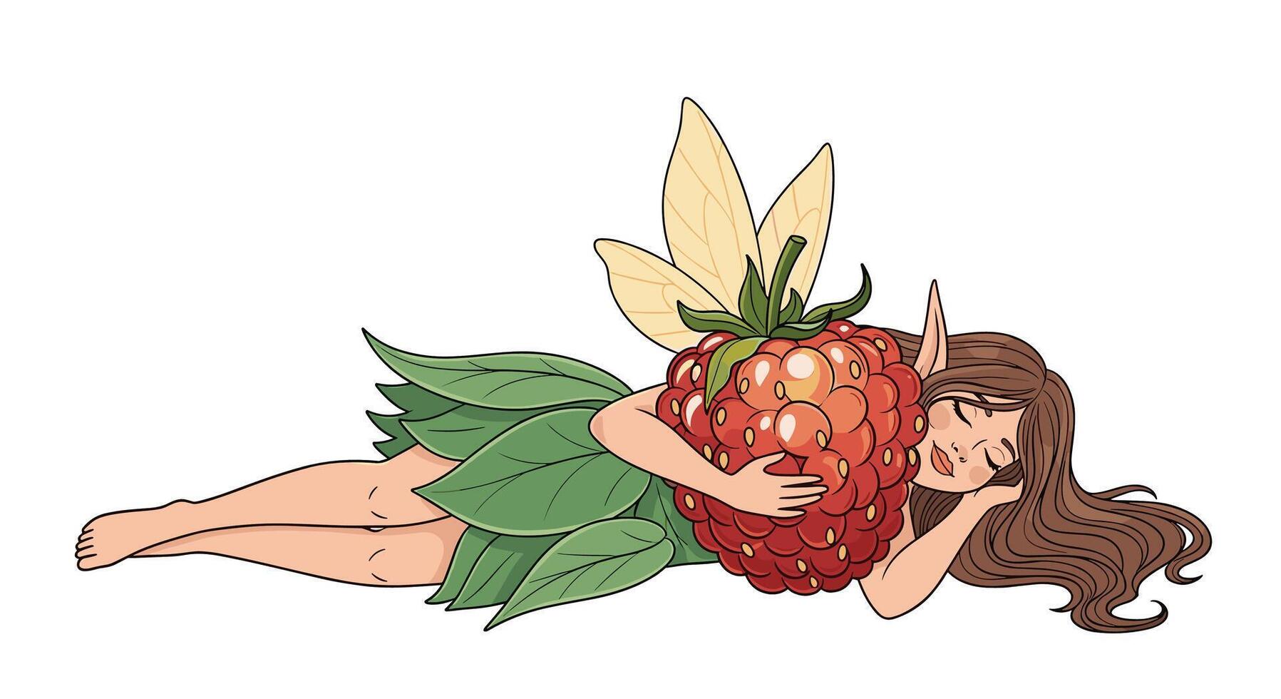 Enchanting Slumber A Strawberry Fairy's Dreamy Nap Surrounded by Lush Green Foliage vector