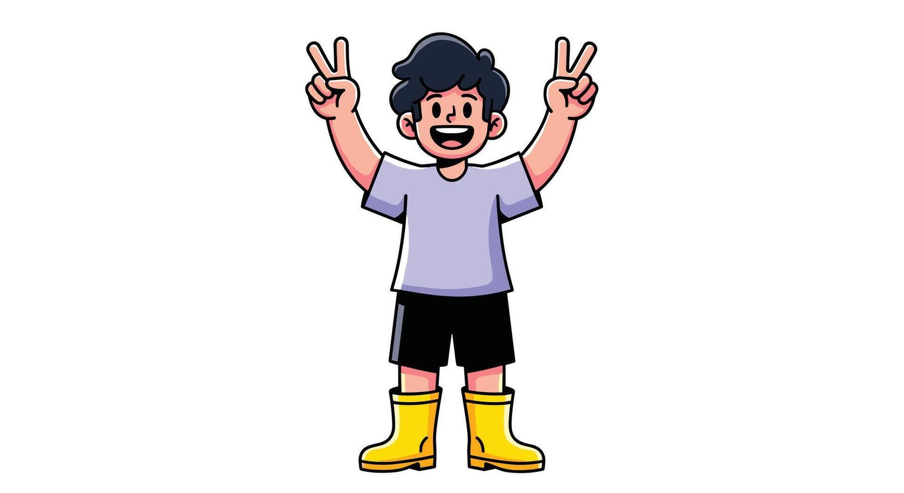 Animated Boy with Curly Hair Smiling and Making a Peace Sign While Wearing Boots vector
