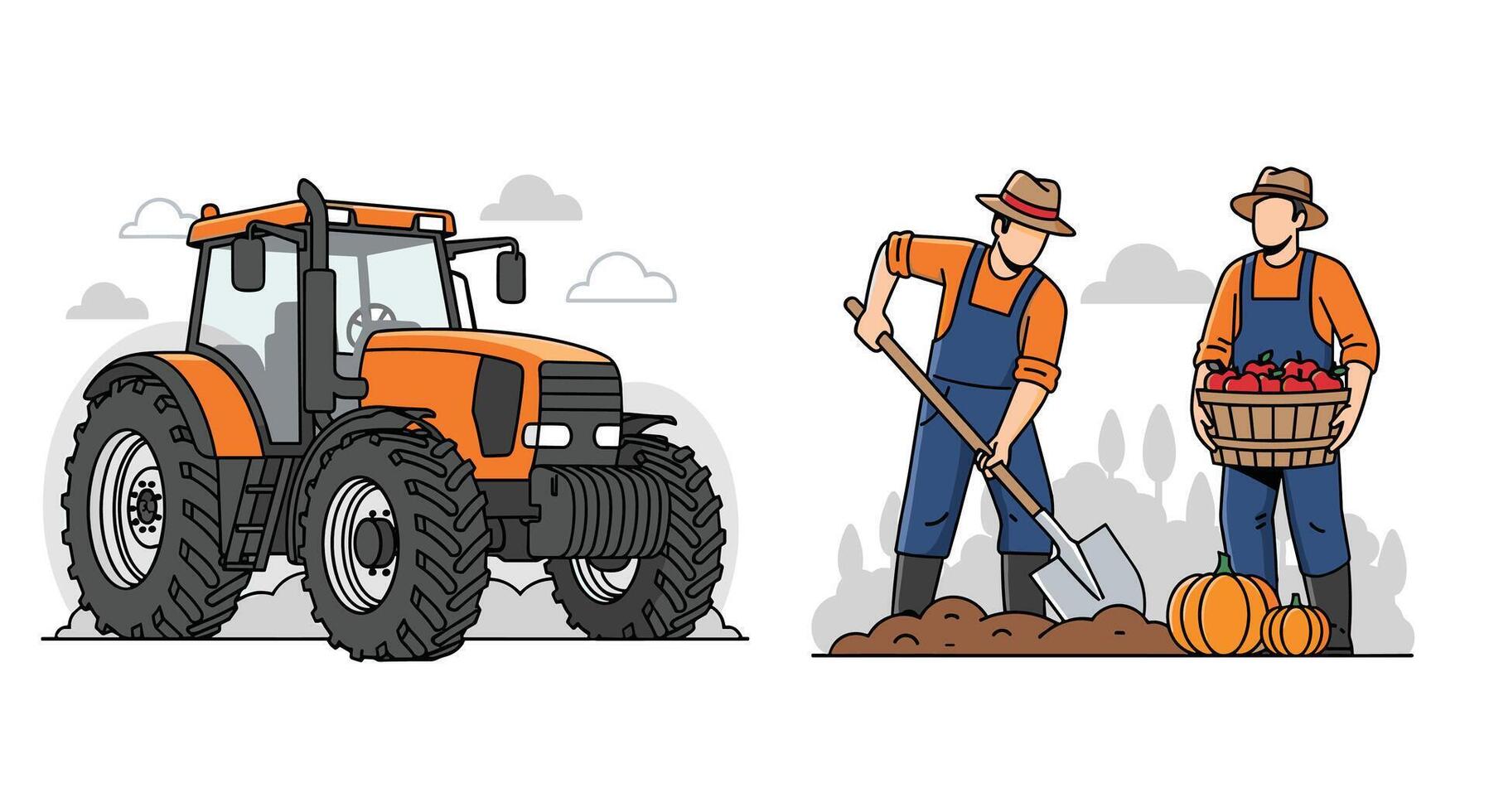 An Agricultural Scene Illustrating Farmers Harvesting Crops and a Tractor Farming Vehicle vector