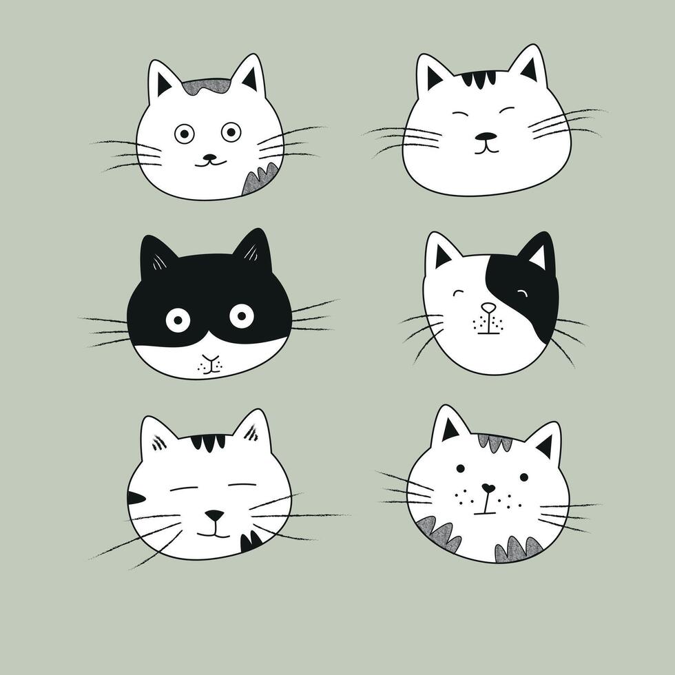 Minimalist Black and white funny cartoon cat faces in a neutral background vector