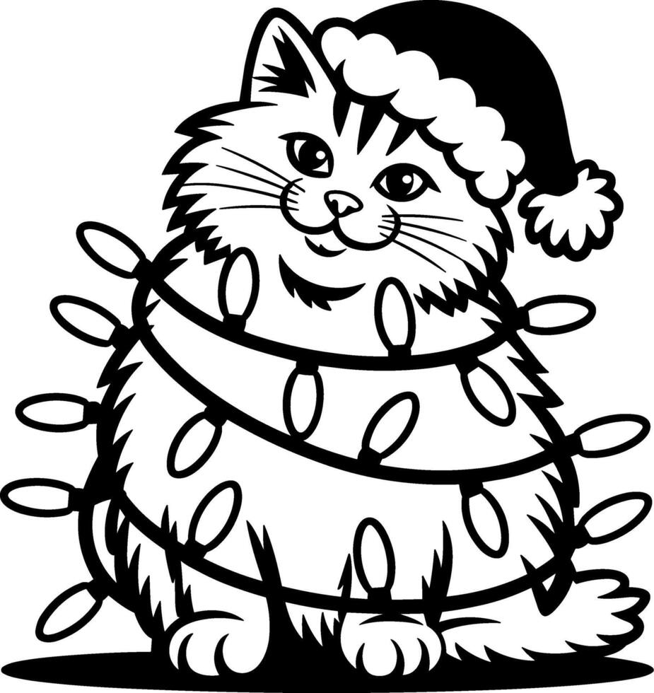 A cat wearing a santa hat and christmas lights coloring page vector